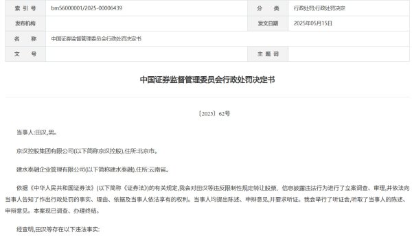 正规配资线上炒股门户 2.3亿元! 因违反限制性规定转让股票, 证监会对田汉、京汉控股等开出高额罚单